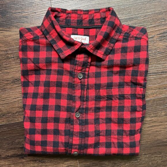 Cat & Jack Boys M 8/10 Black Red Plaid Buffalo Check Flannel Shirt Kid Christmas - Picture 7 of 7